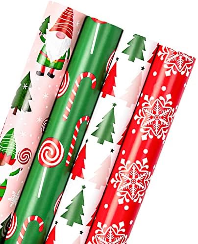WRAPAHOLIC 30 Inch Christmas Wrapping Paper Roll - Jumbo Roll Red, Green and Pink Christmas Gnome Elf Holiday Collection - 4 Rolls - 30 Inch x 120 Inch Per Roll