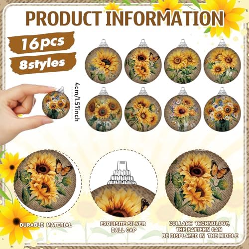 Outus 16 Pcs Vintage Summer Sunflower Ornaments Balls for Tree Summer Flower Decorations Sunflower Ornaments Farmhouse Floral Hanging Spring Decor for Small Tree Home Party Craft Decor