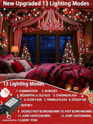2 Pack 66FT 200 LED Christmas String Lights Outdoor Indoor Red and White