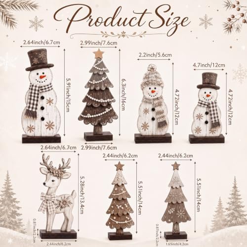 7 Pcs Christmas Table Decor Wooden Snowman Tree Deer Decor, Brown