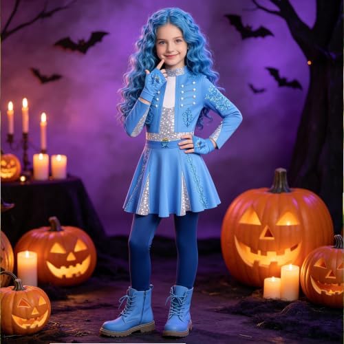 Girls Wonderland Costume Kids Cosplay Outfits Jumpsuit with Gloves Wig Set