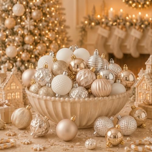 Lunmon 64 Pcs Champagne Gold White Christmas Ornaments 1.57/1.97/2.36 Inch