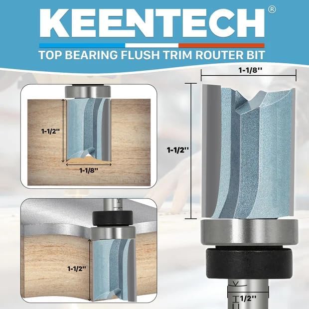 KEENTECH Flush Trim Router Bit, 1/2" Shank x 1-1/8" Dia x 1-1/2" Depth