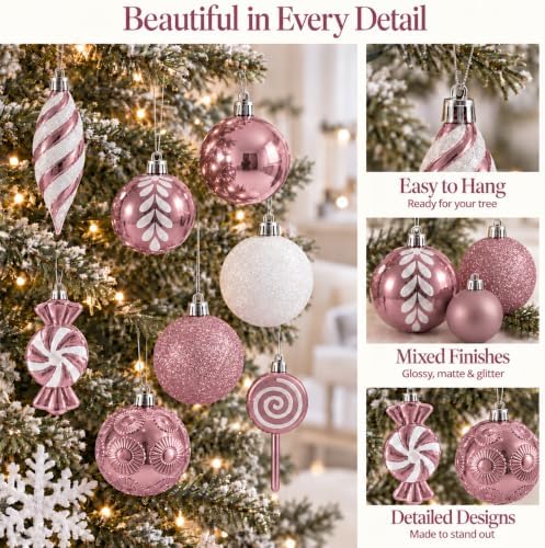 130 Pcs Christmas Ball Ornaments, Christmas Tree Decoration Set Red Christmas Ball Shatterproof Hanging Ornament Decorations for Christmas Tree, Wreaths, and Outdoor Displays (Pink)