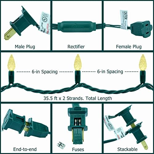 YULETIME 140 Warm White C6 Christmas Lights, 2-Set 36 ft 70ct One-Piece LED