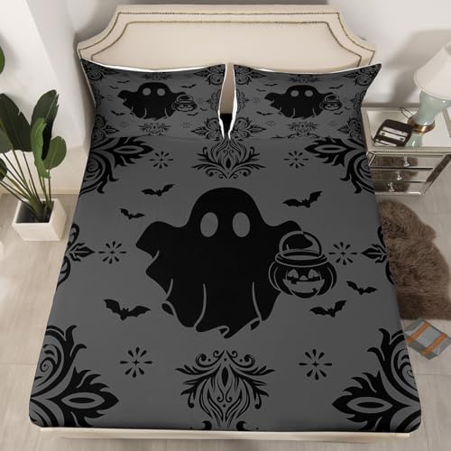 Castle Fairy Cute Ghost Sheet Set,Kids White Gray Halloween Bed Sheets Set,Bat and Pumpkin Bedding Set for Boys Teens Girls Sheets Soft Room Decor Twin Size(1 Flat Sheet+1 Fitted Sheet+1 Pillowcase)