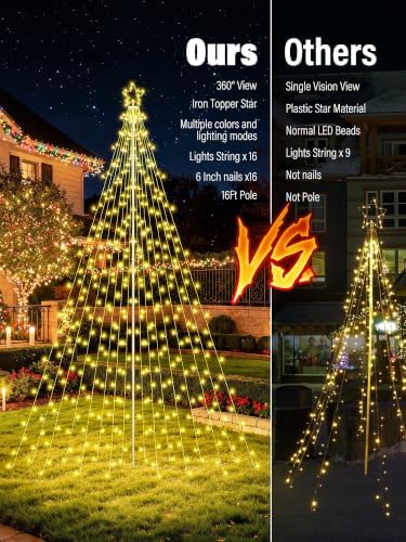 Outdoor Christmas Tree Lights with Pole, 16 FT, Warm White and Multicolor