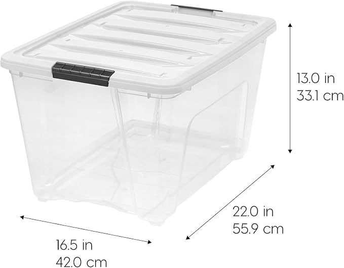 IRIS USA 12-Pack 54 Quart Stackable Storage Bins with Lids [Made in USA] - Everyday Organizer Latching Clear Plastic Organization Containers Closet Bedroom Shelving Units Home Storage - Clear/White