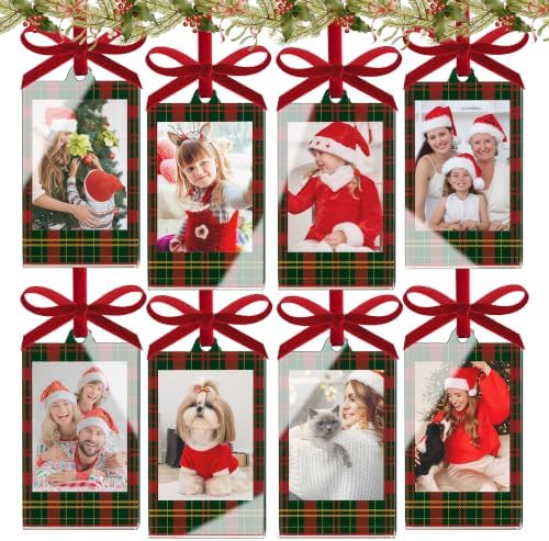 UNIQOOO 8 Set Christmas Acrylic Instax Red Green Plaid Photo Ornaments for Display Picture, 8.6 * 5.4cm Acrylic Hanging Photo Frame, Double-Sided Picture Frames for Home, Party, Tree Decorations