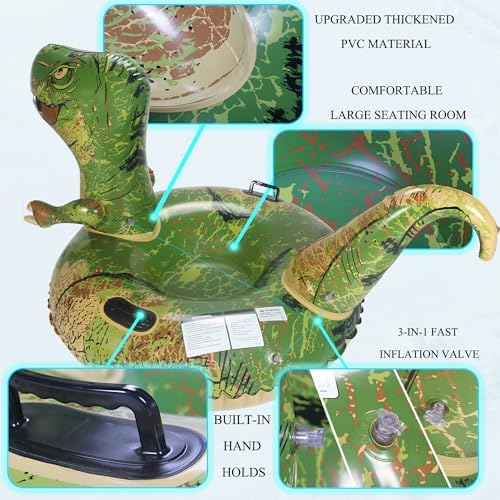 Dinosaur Snow Tube, FindUWill 64.9 inch Large Inflatable Snow Sled with Handles, Heavy Duty Snow Tubes Sledding for Kids and Adults (Reinforced Double-Layers Bottom)