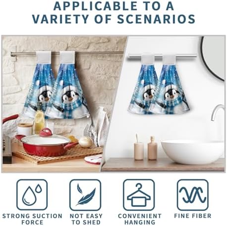 Winter Penguin Blue Kitchen Hanging Towels Set of 2 Cute Snowman Snowflakes Christmas Hand Towels with Hanging Loop Tea Bar Dish Cloths Dry Towel Soft Absorbent Fingertip Bath Tie Towel for Bathroom
