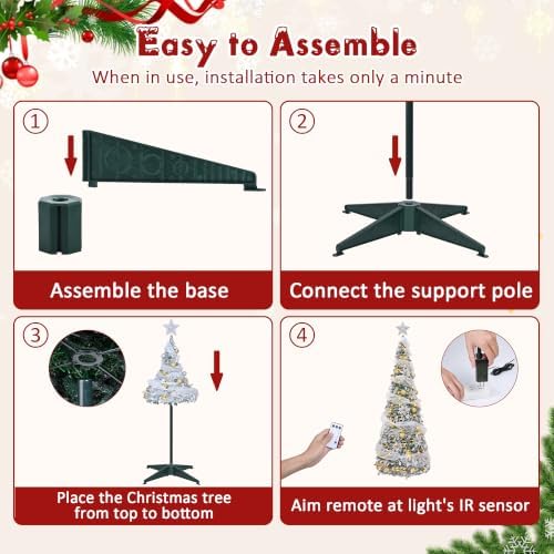 6Ft Pop Up Christmas Tree with 200 Lights, Flocked Xmas Tree Prelit