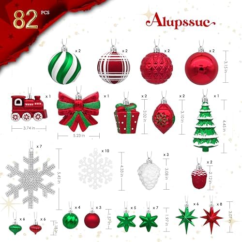 Alupssuc 82pcs Classic Christmas Balls Ornaments Set, Red, White and Green