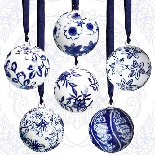 Cindeer 6 Pcs Blue and White Christmas Porcelain Balls, Stylish Style
