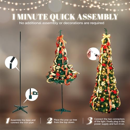 VINGLI 7ft Pre lit Pop Up Christmas Tree with Lights, Pre-Decorated Artificial Pencil Xmas Tree Collapsible Christmas Tree Holiday Party Decorations (Red&Gold)