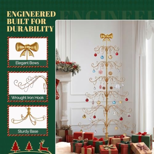 VINGLI 6FT Metal Christmas Ornament Tree, Wrought Iron Display Stand Gold