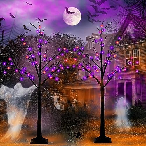 2 Pack 4FT Lighted Black Halloween Tree with 96 LED Orange & Purple Lights