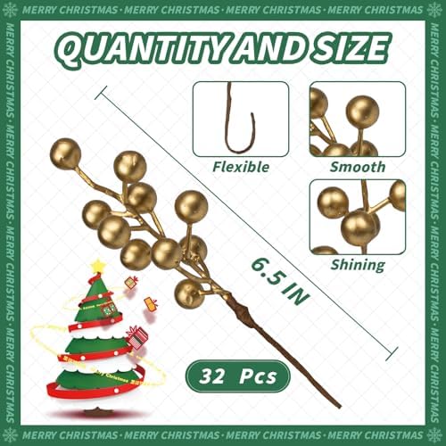 LLZLL 32 Pack Christmas Picks Artificial Christmas Tree Berries 6.5 Inch Holly Berry Stems for Winter Xmas Holiday DIY Ornaments（Golden）