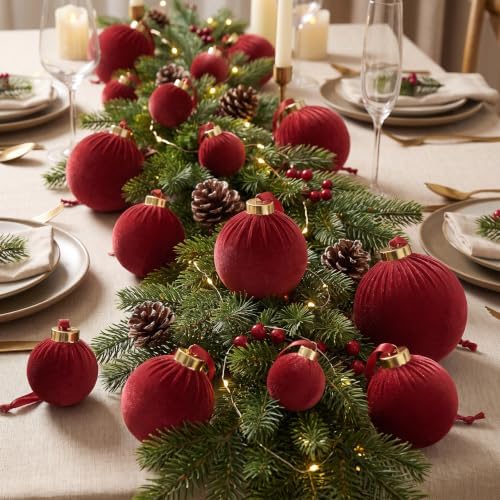 ZenNex 48 Pcs Velvet Christmas Balls Bulk, Flocked Xmas Tree Ornaments, Red