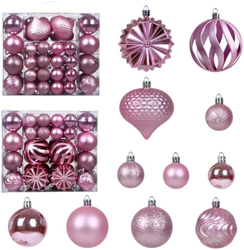 Christmas Tree Balls Ornaments Set, 48 Pcs Shatterproof Plastic Decorative Baubles Shiny Hanging Ball Ornaments for Xmas Tree Holiday Party Wedding Decoration, Pink