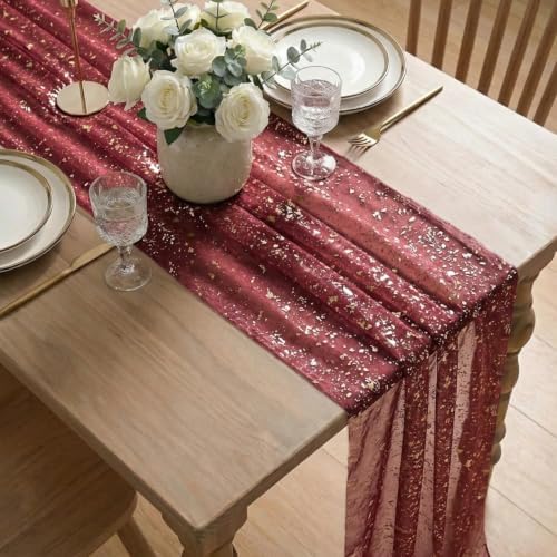 Artoid Mode 3PC Burgundy Gold Gauze Table Runner 120 Inch 10FT, Glitter Metallic Foil Sheer Dining Wedding Anniversary Holiday Birthday Table Decor for Home Party