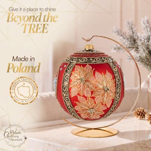 Hand Blown Glass Christmas Ornaments Ball, Wintry Gold 8 in + Stand