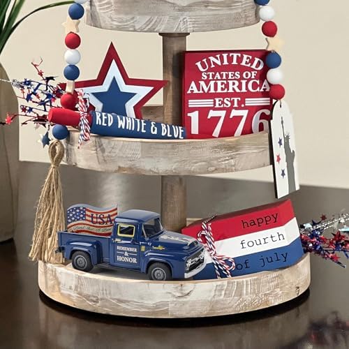 Memorial Day Patriotic Truck Decor, Americana Vintage Pickup Truck Tabletop Decoration, Rustic Farmhouse Tiered Tray Decor for 4th of July Independence Day Home Office