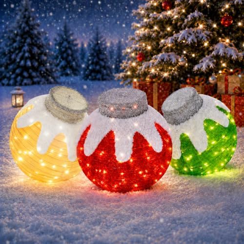 3 Pcs Outdoor Christmas Ornaments, Lighted Pop-Up Holiday Ball Decoration with 240 LED Lights, 8 Light Functions, Lighted Collapsible Christmas Outdoor Decorations for Yard, Patio, Home