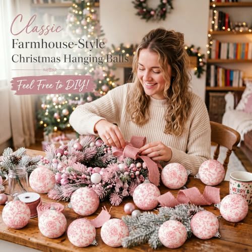 Outus 16Pcs Pink Toile De Jouy Chinoiserie Christmas Ball Tree Ornaments