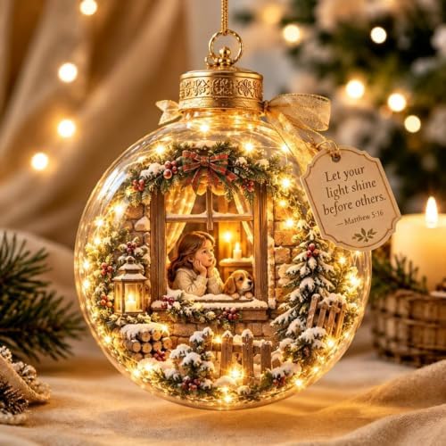 8PC Illuminated Scripture Keepsake Ornament, Lighted Hanging Decoration with Bible Verse, Religious Themed Holiday Ornament, Transparant Ball with 2D Flat Sheet for Christmas Tree Home Display，A-H