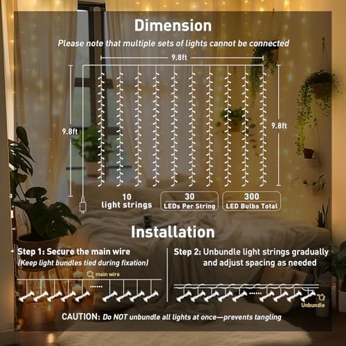 JMEXSUSS 300 LED Remote Control Curtain Lights, Plug in Fairy Curtain Lights Outdoor, Window Wall Hanging String Lights for Bedroom Indoor Dorm Backdrop Wedding Party Patio Christmas Decor, Warm White