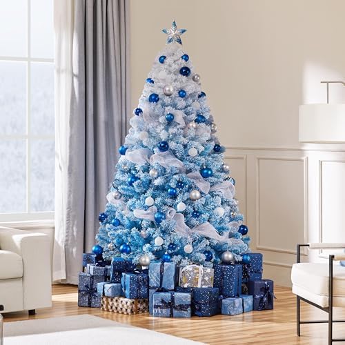 Yaheetech 6ft Prelit Flocked Christmas Tree, Blue & White, 250 Lights