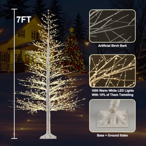 7FT Lighted Birch Tree,1500 Warm LED Lights. Indoor Outdoor Christmas Decor