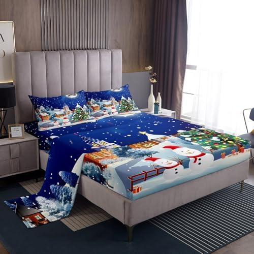 Castle Fairy Merry Christmas Sheet Set Kids Boys Girls Cartoon Snowman Fitted Sheets Set Full Size Winter Night Bedding Sheet Sets Includes 1 Flat Sheet,1 Fitted Sheet,2 Pillowcases