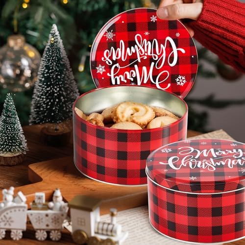 6.5Inch Christmas Cookie Tins, Cookie Tins with Lids for Christmas Holiday Gift Giving, Metal Empty Round Cookie Containers, 6Pack