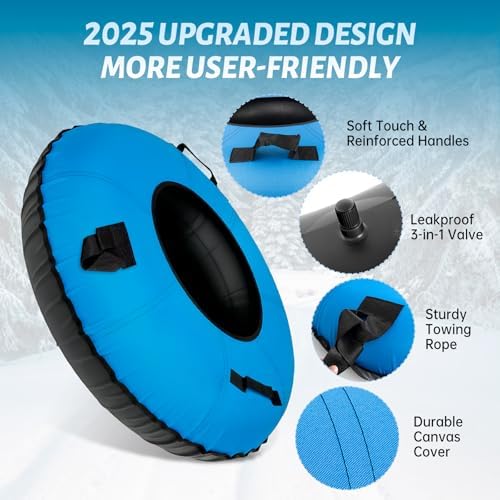 Snow Tube Heavy Duty, 44" Snow Tube for Sledding, Snow Tubes for Adults with Premium Canvas Cover Thickened Bottom, Inflatable Snow Tubes Towable Sledding Tube for Boys Teens, Blue