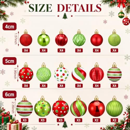 Lunmon 64 Pcs Christmas Ball Ornaments Red Lime Green White Xmas Ornaments 1.6/1.97/2.4 Inch Polka Dots Stripes Peppermint Candy Cane Baubles Modern Shatterproof Christmas Decorations for Tree Home