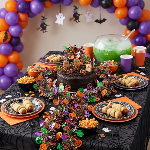 50 Ft Halloween Tinsel Garlands,Funny Pumpkin Bats Spider and Web Shiny Metallic Twist Foil Tinsel Garland Hanging Holiday Decorations for Home Indoor Outdoor Festivities Party Decor