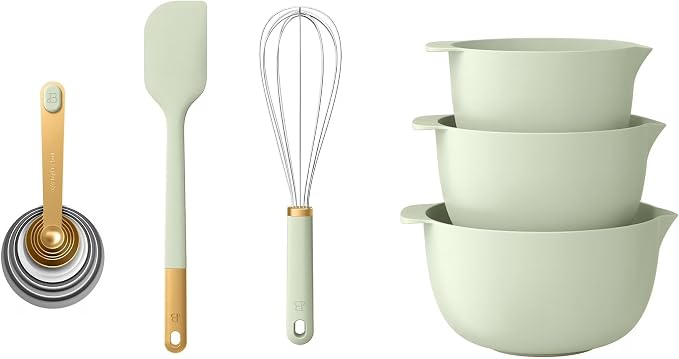 14 Piece Mixing Bowl and Measuring Set, Nesting Kitchen Prep Set with Measuring Cups Spoons Whisk Spatula, BPA Free Dishwasher Safe Baking Set (Sage Green)