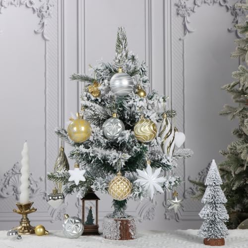 82Pcs Christmas Tree Ornaments Set,Shatterproof Christmas Decorations for Tree Assorted Plastic Craft Baubles Snowflake Ball Ornaments with Durable String for Holiday Party Decor (Gold & White)