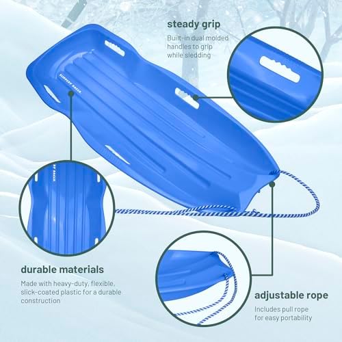 Slippery Racer Downhill Sprinter Flexible Kids Toddler Plastic Cold-Resistant Toboggan Snow Sled with Pull Rope and Handles, Blue
