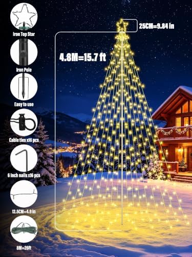 Outdoor Christmas Tree Lights with Pole, 16 FT, Warm White and Multicolor