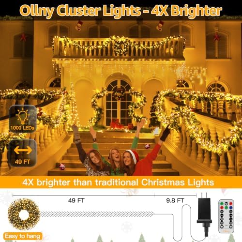 Ollny Cluster Lights Christmas 1000LED 49FT, Plug in Tree Light with Remote
