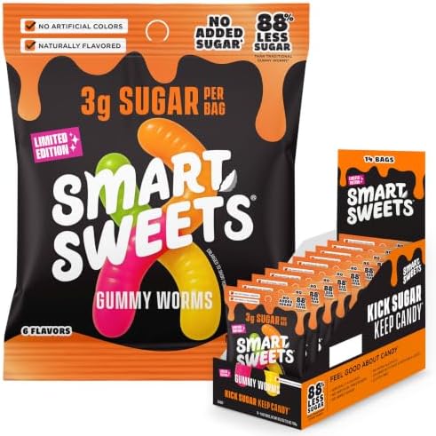 SmartSweets Sweet Halloween Gummy Worms Low Sugar Gummy Candy, Healthy Snacks for Kids and Adults, Treat, 50g bags, Pack of 14