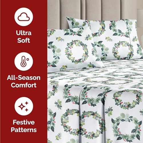 Christmas Sheet Set, Holiday Wreath, Holiday Xmas Bedding Set - Split King