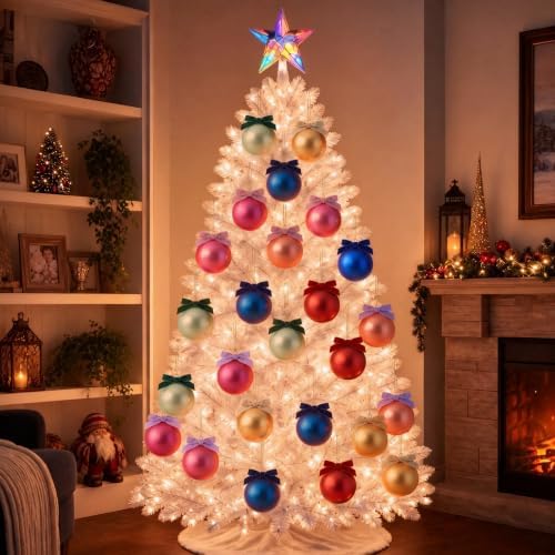 Hollowfly 9 Pcs 3 Inch Colorful Glass Christmas Ornaments with Velvet Bow