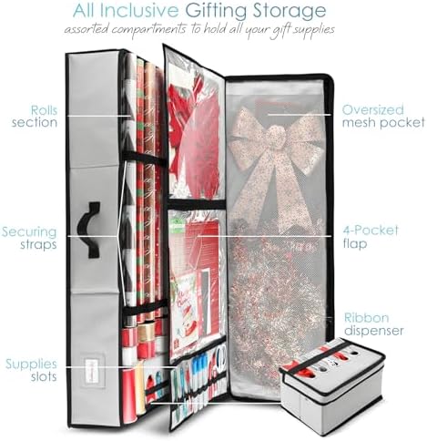 Hearth & Harbor Wrapping Paper Storage Container - Christmas Storage Bag with Ribbon Dispenser and Interior Pockets - Gift Wrap Organizer Fits Up to 26 Rolls of 40" Length, Silver