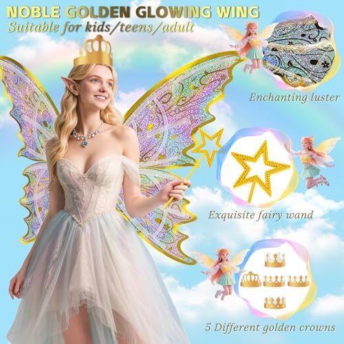 maysida Gold Fairy Wings for Kids and Girls, Light-up Electric Sparkling Wings Princess Halloween Set with Wand, Crown, Butterfly Wings – Ideal for Cosplay, Party, Birthday, Christmas