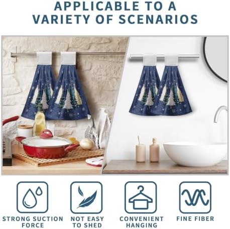 Christmas Tree Blue Hanging Kitchen Hand Towels Set of 2 Teal White Gold Xmas Snowflakes Kitchen Tie Towels Fast Drying Oven Stove Dish Towel Soft Absorbent Fingertip Bath Towel for Bathroom