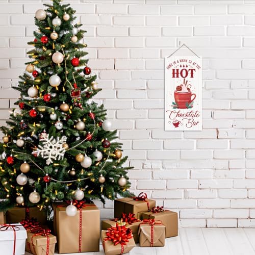 Hot Chocolate Bar Sign, Christmas Hanging Wood Sign, Winter Decorative Wall Signs, Rustic Winter Wooden Door Signs, Farmhouse Outdoor Wood Christmas Decor, Xmas Wall Art 6x12 Inches